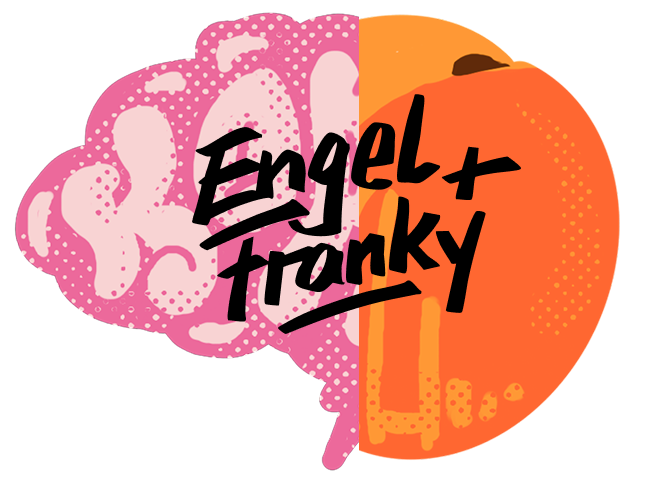 Engel + Franky Key Visual Illustration mit einer orangefarbenen Pfirsich -Hälfte und einer rosa Gehirn-Hälfte. Darüber die Logoschrift "Engel + Franky".